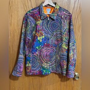 Vintage Chico's Sz 3(XL) quilted cotton jacket with a rainbow pattern sequins Y